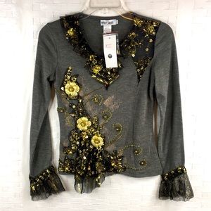 West 36th Knit Top Floral Beaded Women’s Small Grey Gold NEW *D